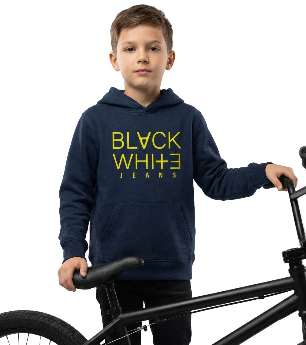 Black White Jeans Navy Kid's Organic Cotton Pullover Hoodie with Yellow Logo