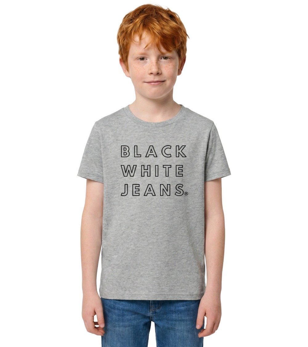 Model wearing the Black White Jeans Everyday Kids Organic T-Shirt in grey, featuring the signature black text logo centered on the chest.