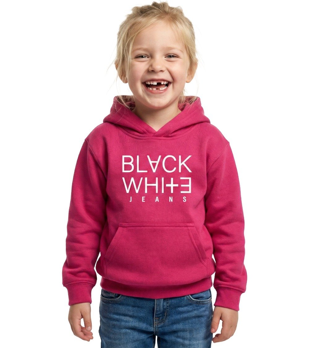 Laughing girl with missing tooth wearing Black White Jeans Kid's Pink Hoodie with Kangaroo Pocket