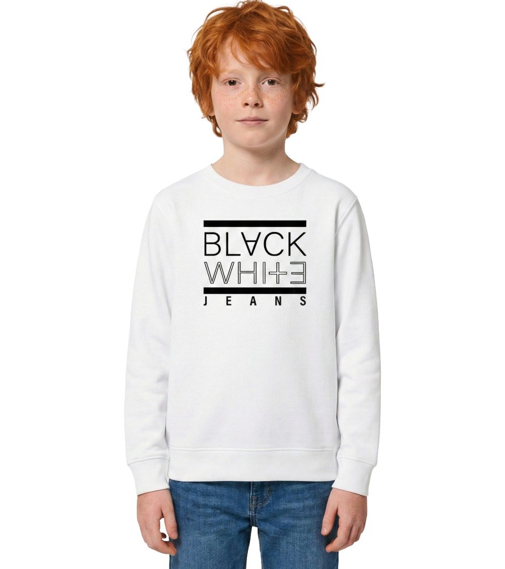 Ginger boy wearing Kid's Crew Neck Organic Sweatshirt in White with black BLACK WHITE JEANS logo and blue jeans.