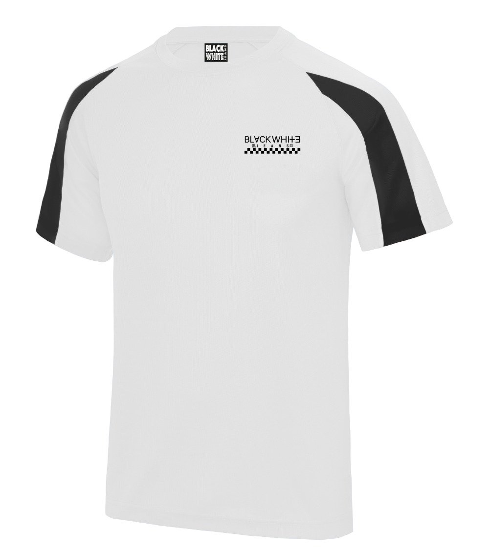 Studio shot of the Black White Jeans Kids Performance White Tee featuring contrast black raglan sleeves and the signature printed checker logo on the chest.