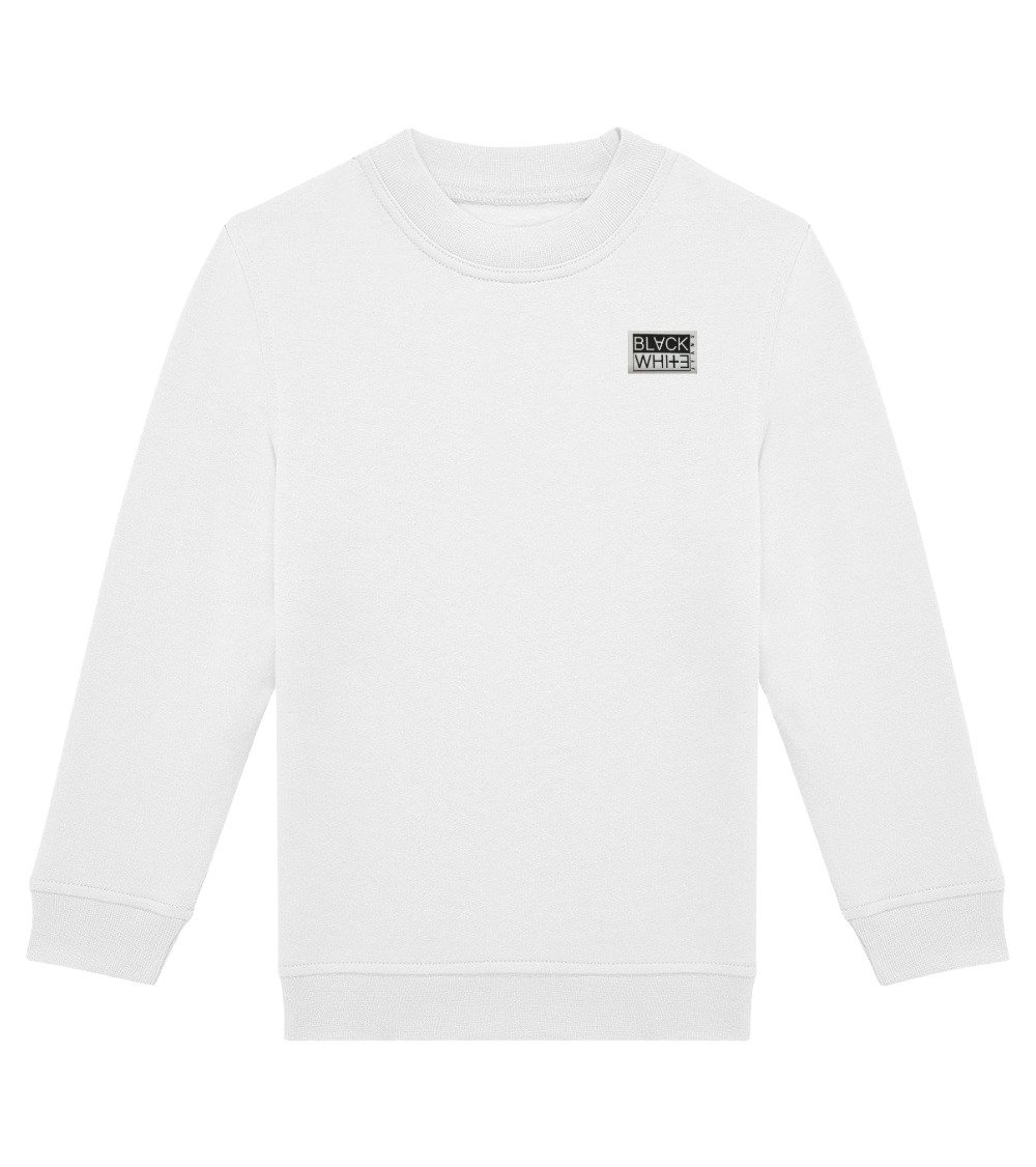 Kid's origin organic white sweatshirt with Black White Jeans woven patch logo on chest