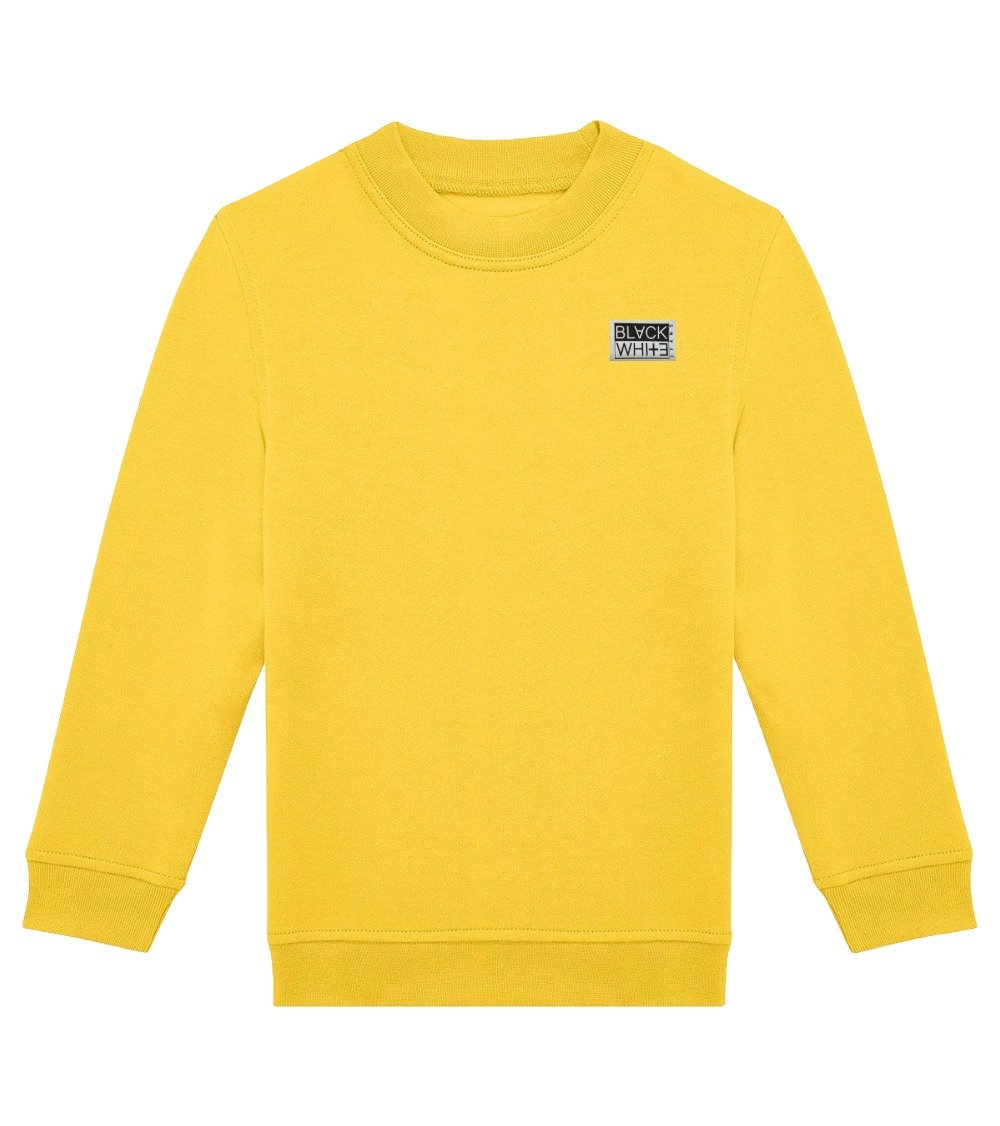 Vibrant yellow organic sweatshirt for kids with Black White Jeans woven patch logo on chest