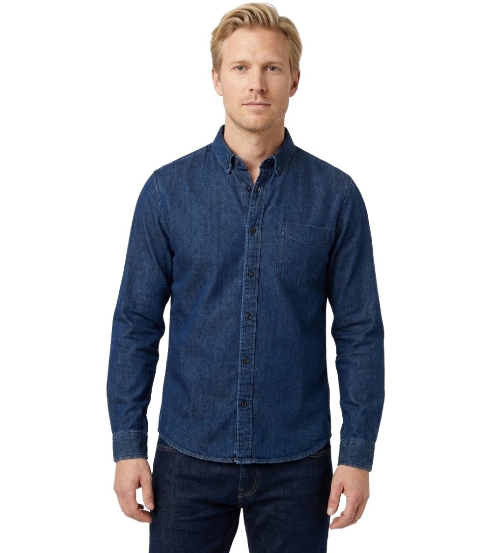 Men's denim blue shirt with contrast stitching by Black White Jeans. 100% cotton long sleeve shirt featuring a soft collar and roll-up sleeve detail.