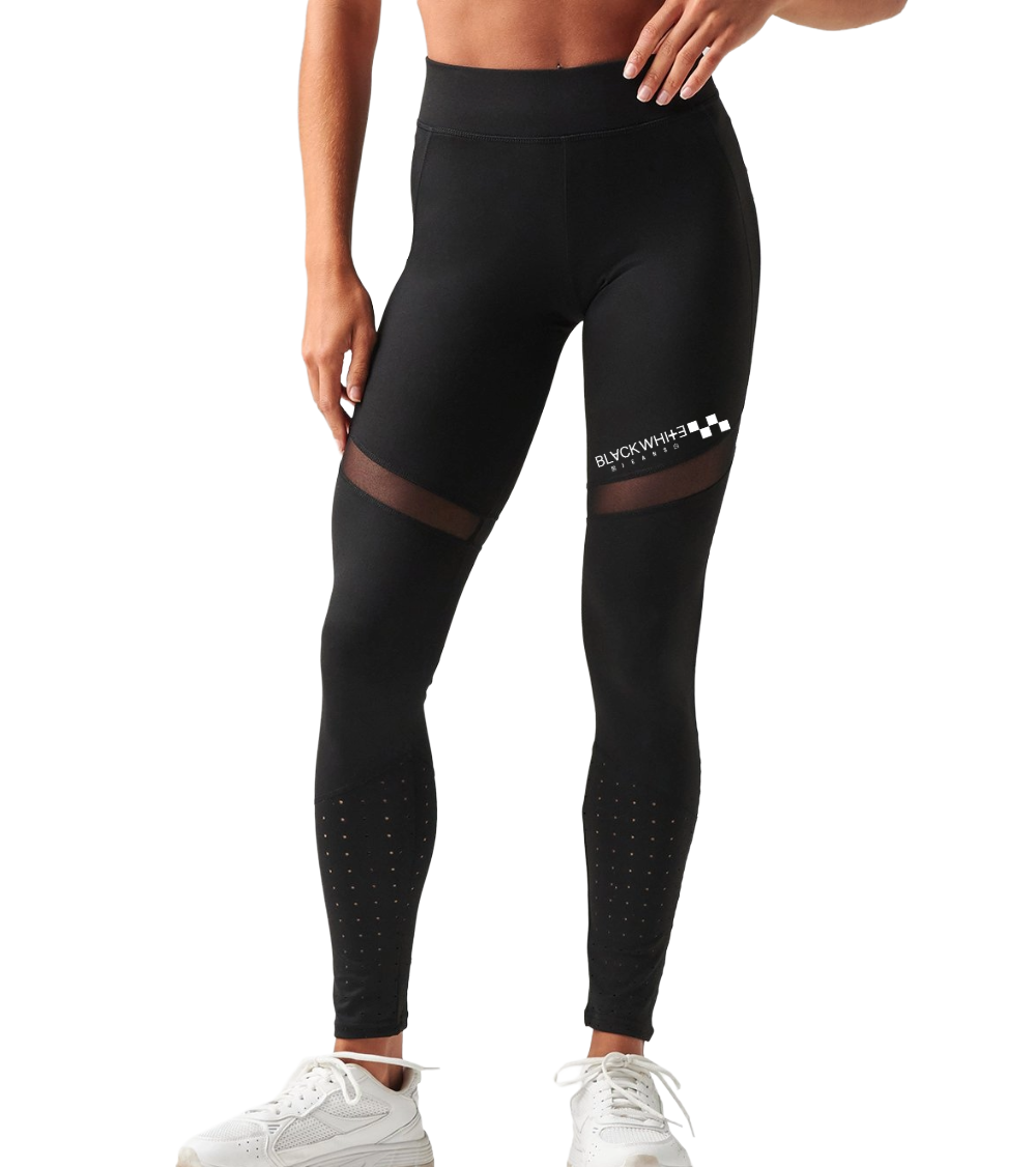 Front view of high-waisted Monochrome Leggings with deep waistband and breathable mesh inserts for fitness.