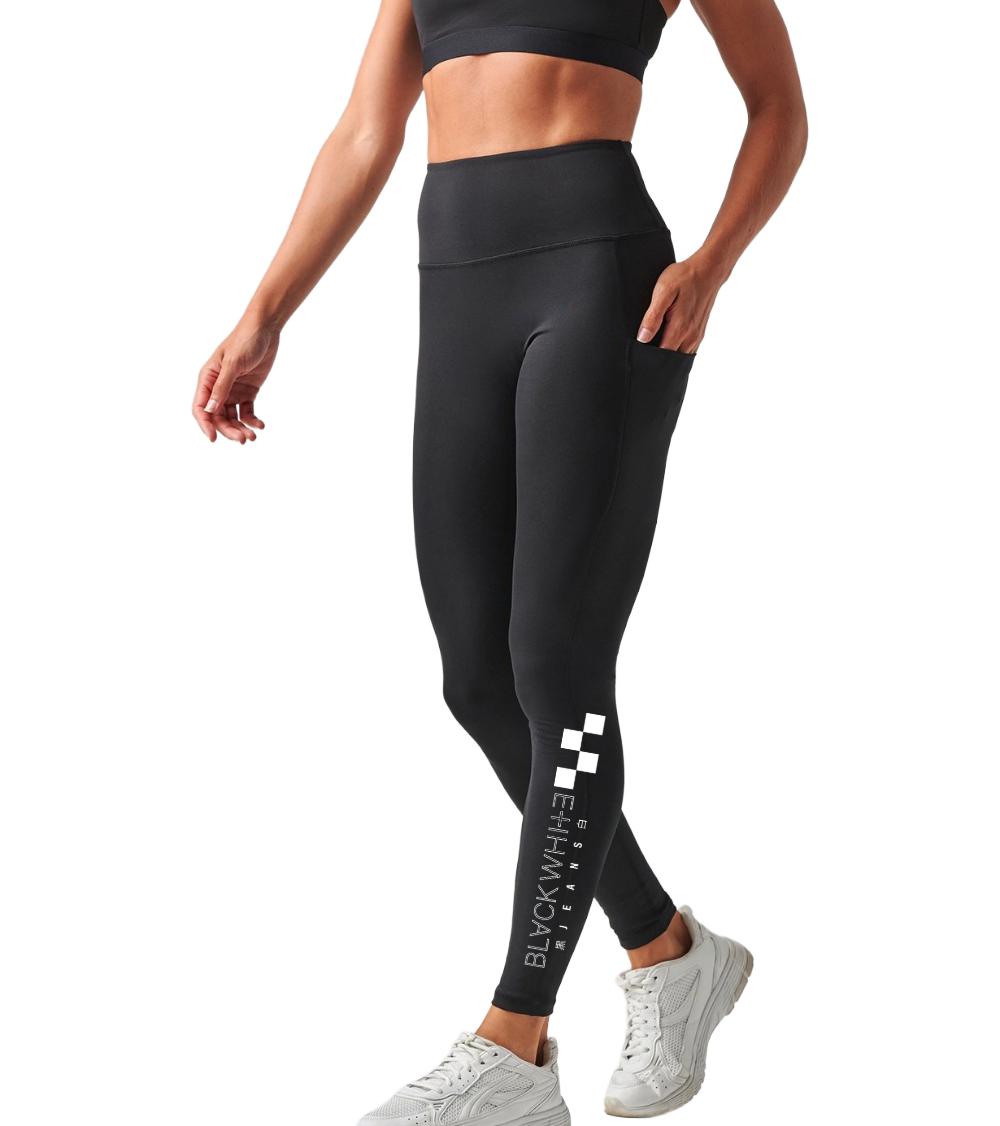 Black White Jeans Performance Squad Proof Pocket Leggings - High Waisted Charcoal Gym Tights with Side Phone Pocket
