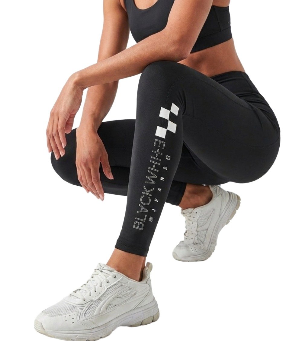 Squat Proof Workout Leggings with Side Logo - Black White Jeans - Non-See-Through Activewear