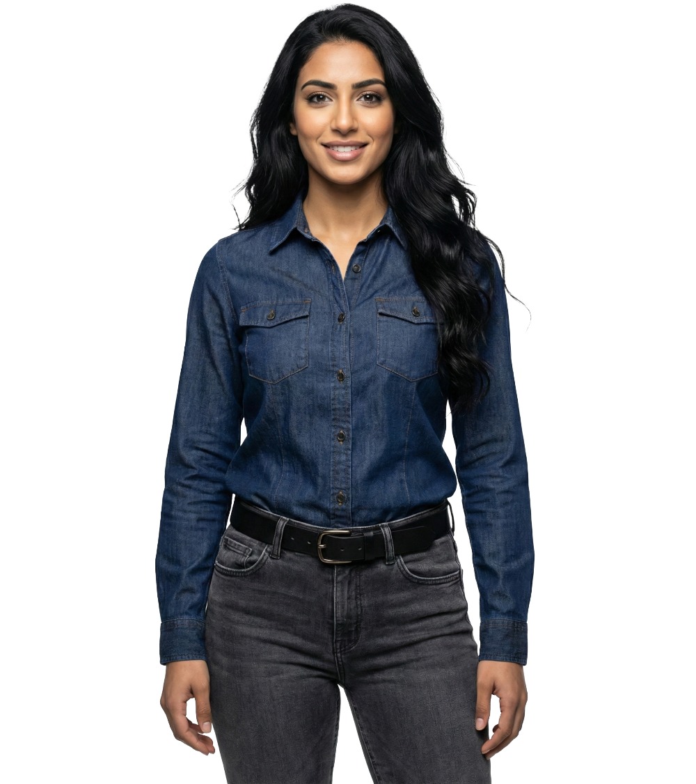 Woman wearing indigo blue denim shirt with rolled up sleeves front view