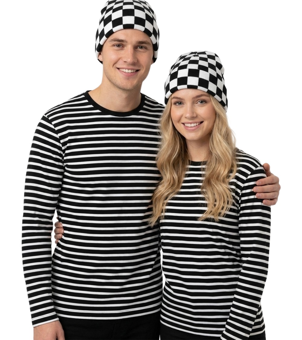 Couple wearing Black White Jeans Checkmate Beanie styled with winter streetwear outfit