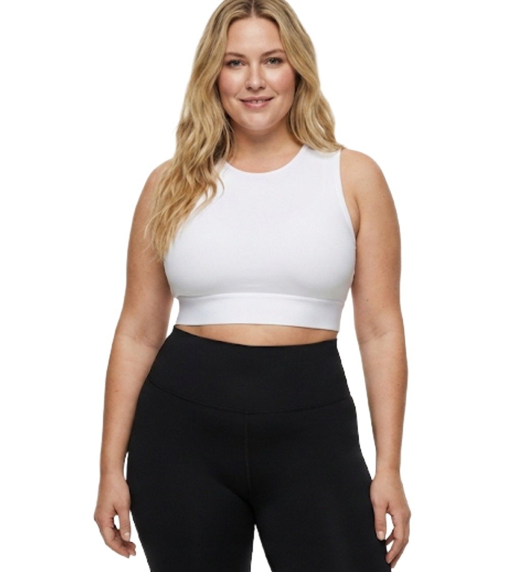 White high neck cotton crop top on curvy model, sleeveless fashion top.
