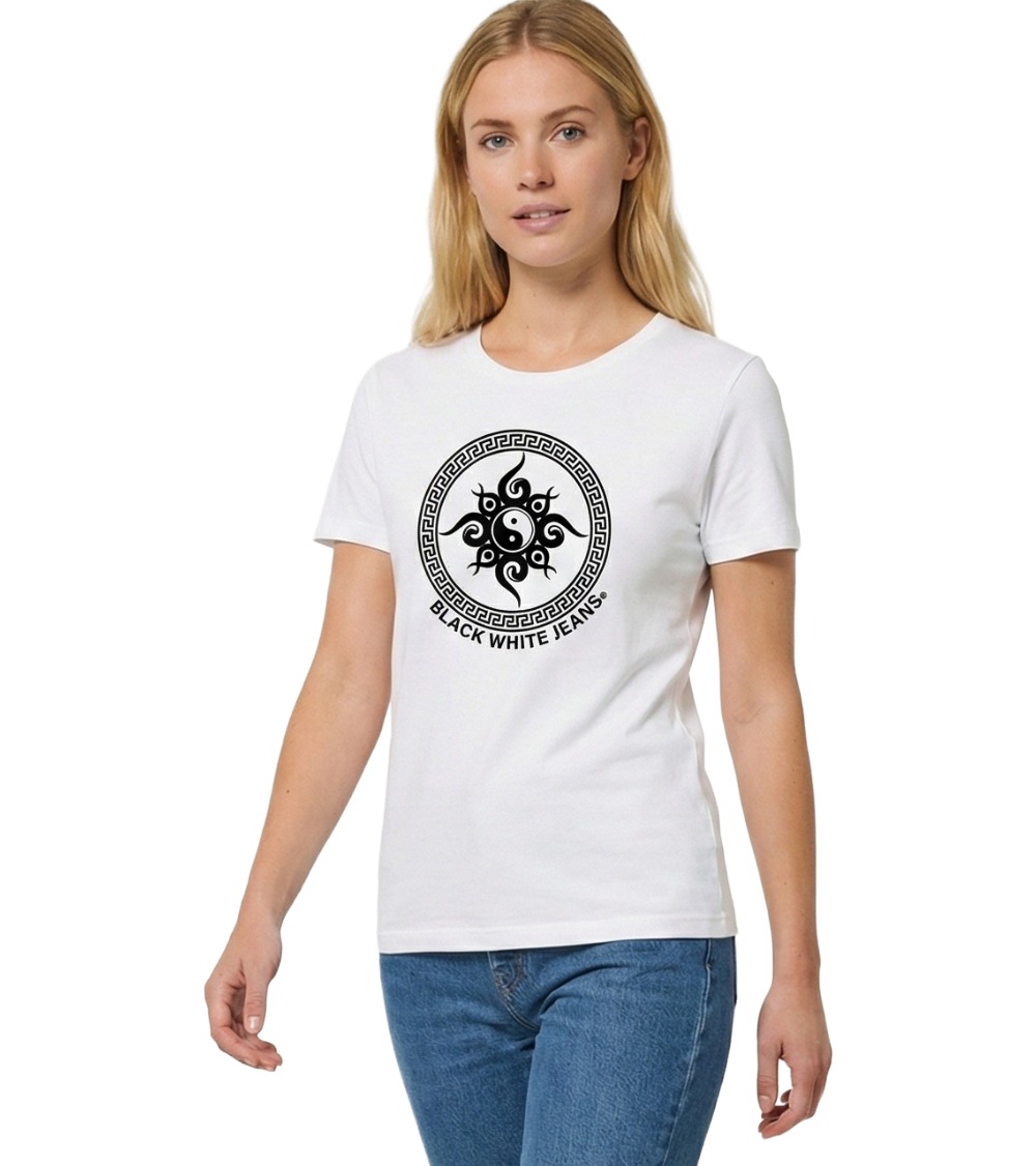 Woman wearing the Ying Yang Balance T-shirt. White 100% organic cotton tee featuring a black Yin Yang symbol print on the chest. Highlights the feminine fit and crew neck detail.