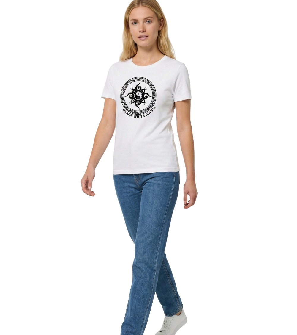 Close-up shot of the Black White Jeans Ying Yang Balance T-shirt. Showing the clarity of the print, the luxurious soft hand texture of the 100% organic cotton fabric, and the neck ribbing.