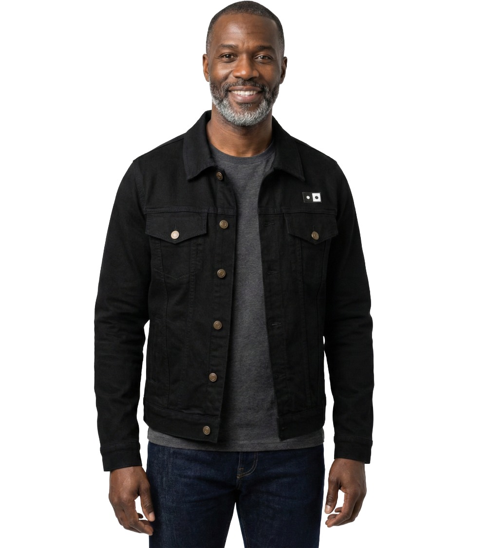 Front view of Armin men's denim jacket featuring shank buttons and fashion fit
