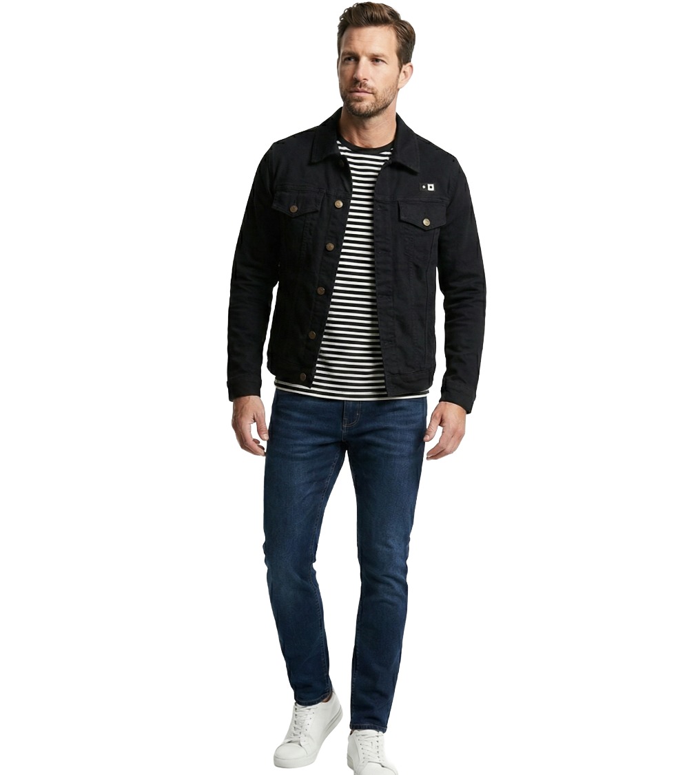 Armin black white men's denim jacket with contrast stitching and 4 pocket styling