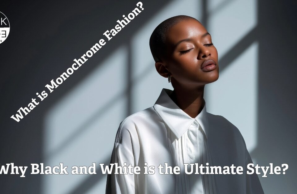 Black White Jeans blog cover image featuring the title 'What is Monochrome Fashion? Why Black and White is the Ultimate Style?'. Portrait of a model wearing a white shirt with artistic shadow play.