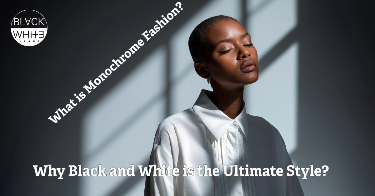 Black White Jeans blog cover image featuring the title 'What is Monochrome Fashion? Why Black and White is the Ultimate Style?'. Portrait of a model wearing a white shirt with artistic shadow play.