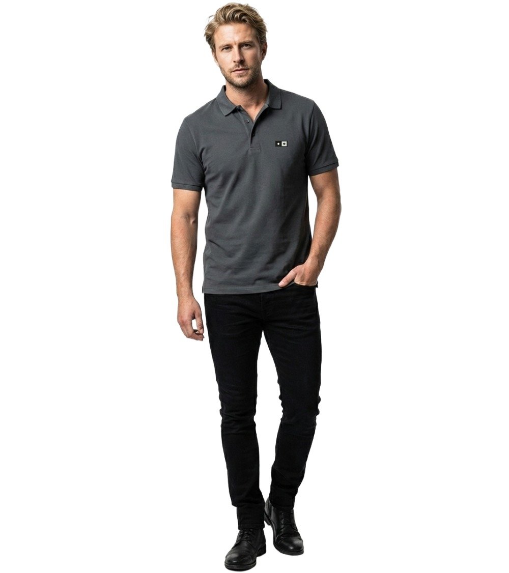 BWJ Men's Soho Organic Polo Anthracite - Model Walking in Sustainable Organic Polo for Men with Black Jeans