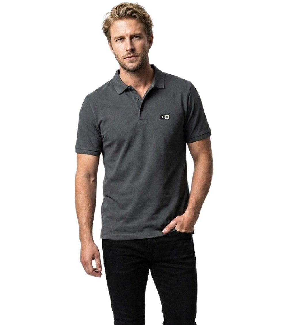 Close Up Detail of BWJ Men's Soho Organic Polo Anthracite - Texture and Collar of Premium Organic Polo for Men