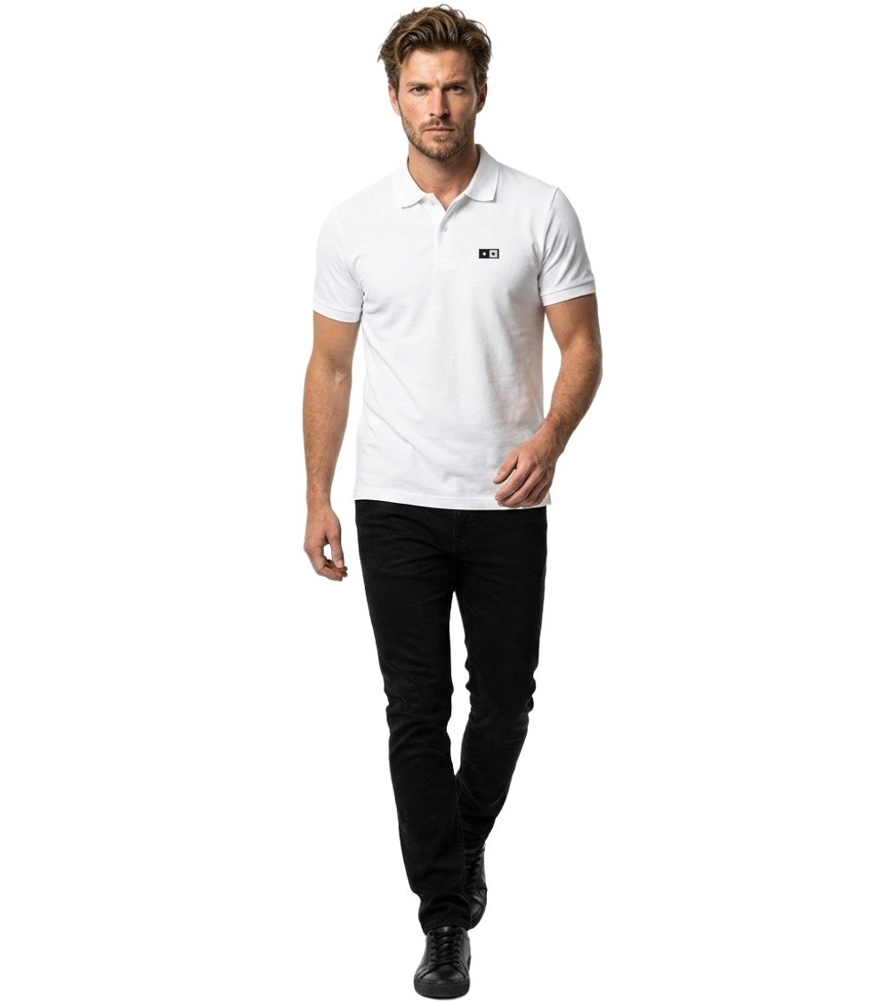 BWJ Men's Soho Organic Polo White - Model Walking in Premium Organic Polo Shirt for Men with Black Jeans