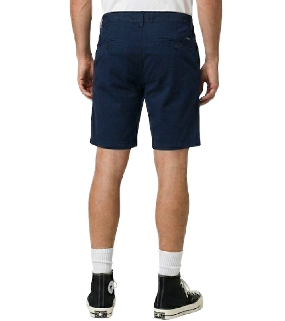 Men's Core Chino Shorts in Deep Navy - Back view. Classic midnight blue cotton twill shorts showing structured fit and rear buttoned pockets.