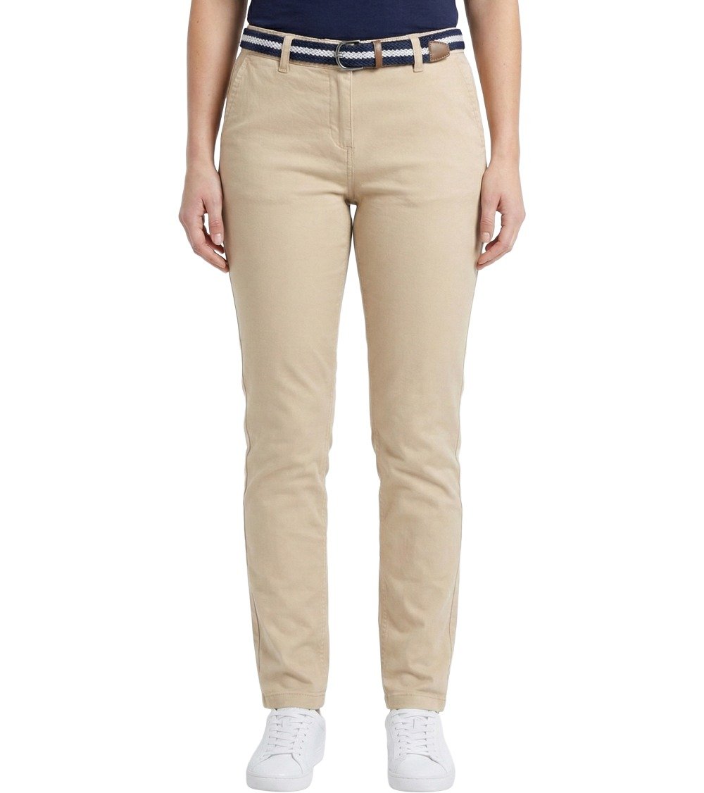 Front view of Black White Jeans Women's Classic Fit Chino Trousers in Beige. Highlights the waistband, zip fly, front slant pockets, and classic silhouette.