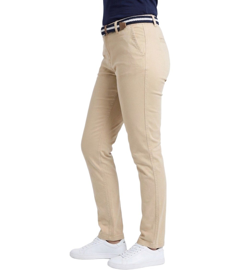 Side profile view of Black White Jeans Women's Classic Fit Beige Chinos. Shows the straight leg cut, side seam detail, and navy blue braided belt styling.