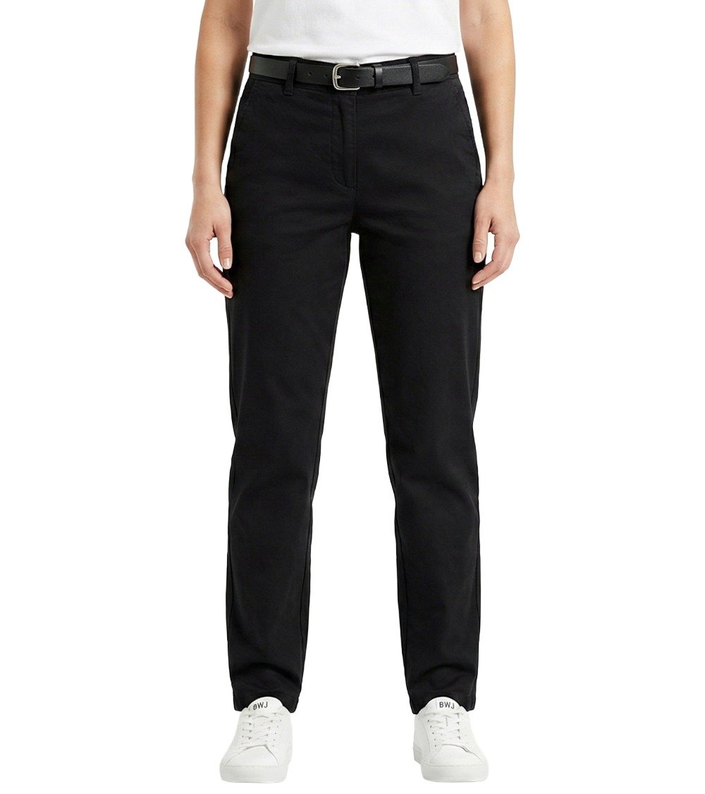Front view of Women's Black Classic Fit Chino Trousers by BWJ. Standing pose showing the black waistband, fly detail, and front pockets contrasted with a white t-shirt.