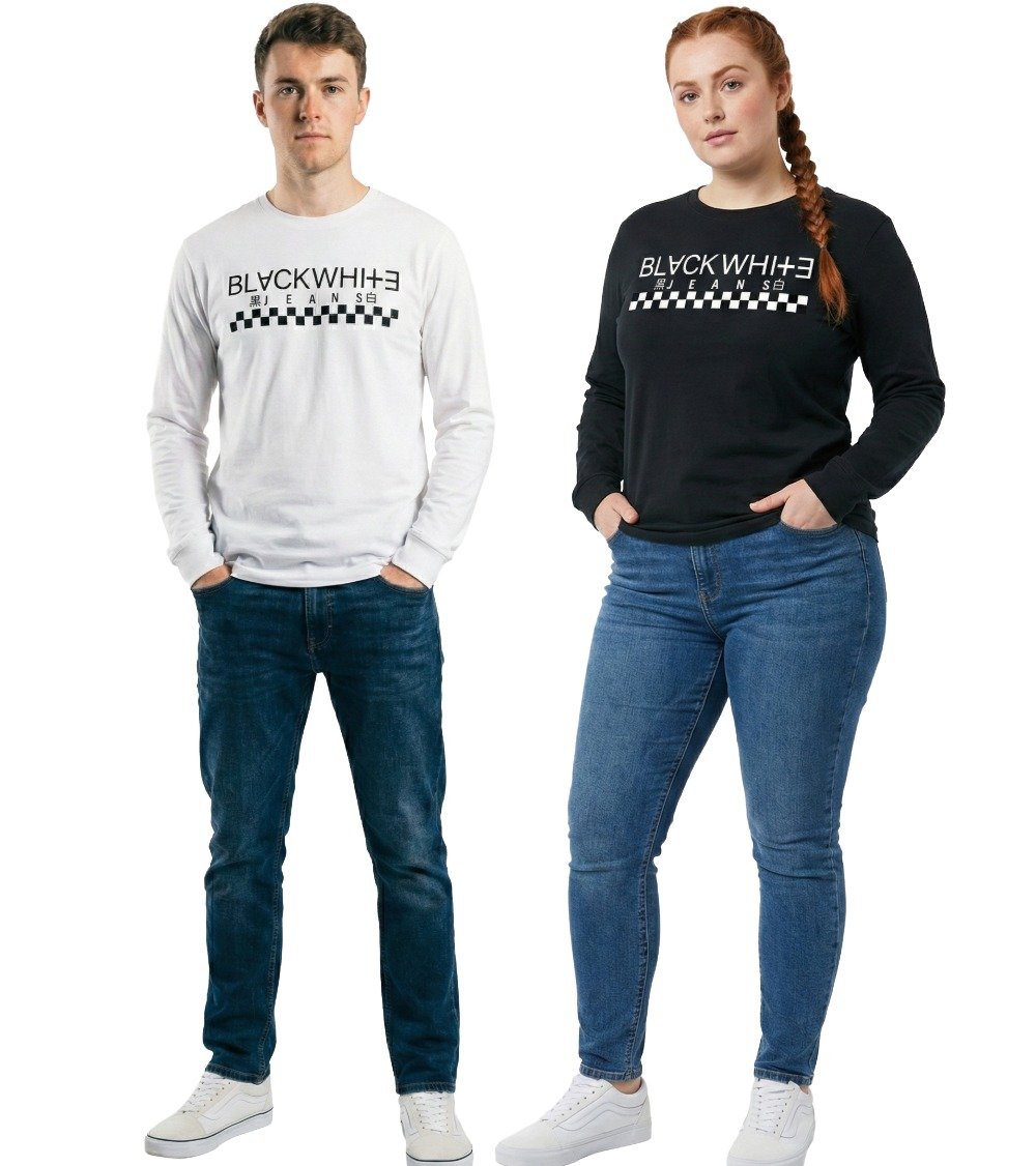 Black White Jeans Shibuya Grid Organic Heavyweight Long Sleeve Tee in white and black, relaxed fit urban streetwear couple shot.
