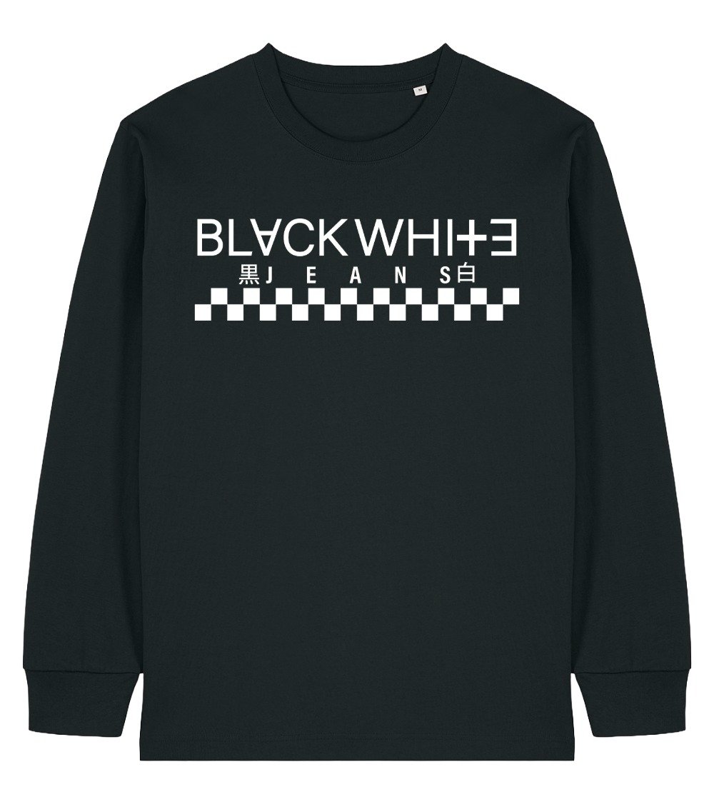 Black White Jeans Shibuya Grid Organic Heavyweight Long Sleeve Tee in black, premium heavy weight cotton, minimalist urban streetwear flat lay.